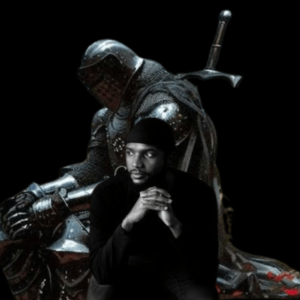 Medieval knight sits now with a modern man Infront of him connecting with each other to bring the warrior out of the man