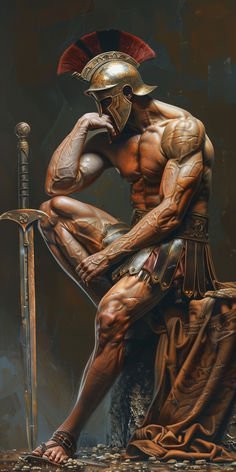 Spartan Warrior Sitting with his elbow on his knee with his sword Infront of him thinking about A warriors discipline for growth