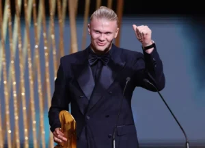 Erling Haaland at Ballon d'Or being on stage showing why he is a true warrior in todays world