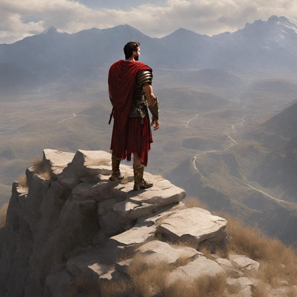 A historical image of a lone warrior, a Spartan standing at the edge of a cliff