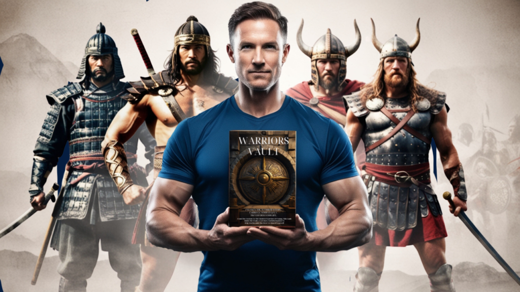 A modern man holding the book - Warriors Vault: Awaken the Warrior Within. With Ancient warriors standing behind him