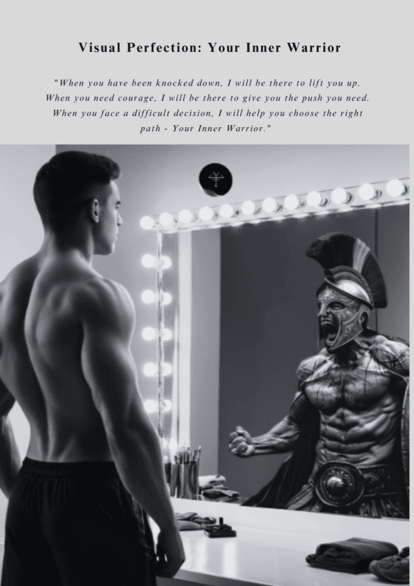 Man standing infront of a mirror where his inner warrior looking back. The man visualising perfection within him.