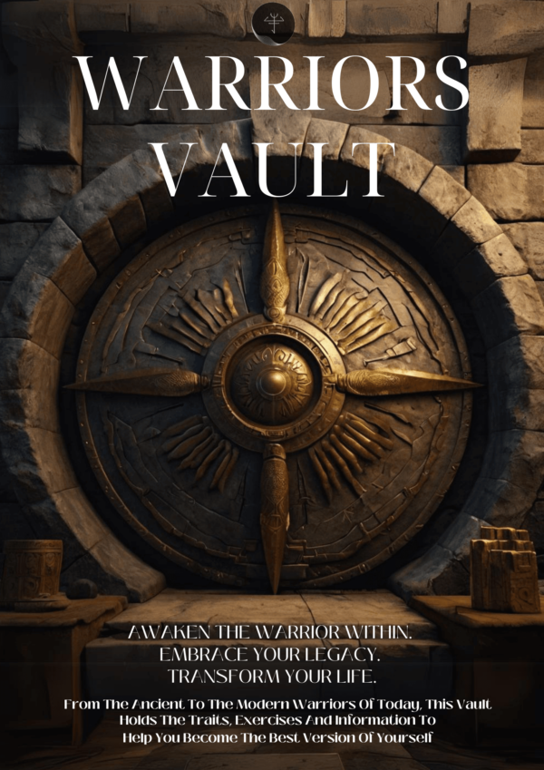 Warriors Vault eBook cover: Self-help book inspired by ancient warrior principles and mindset, guiding men to unlock their inner greatness and achieve success.